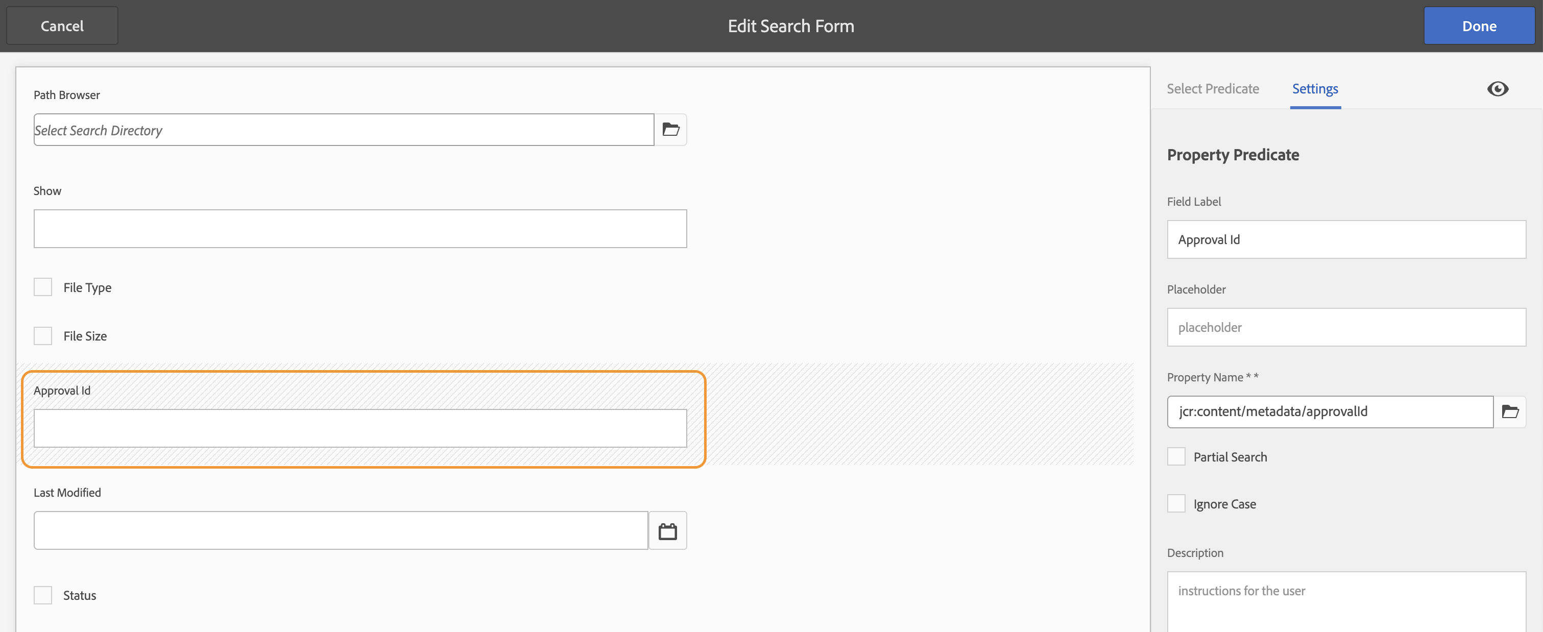 AEM Assets Property Predicate