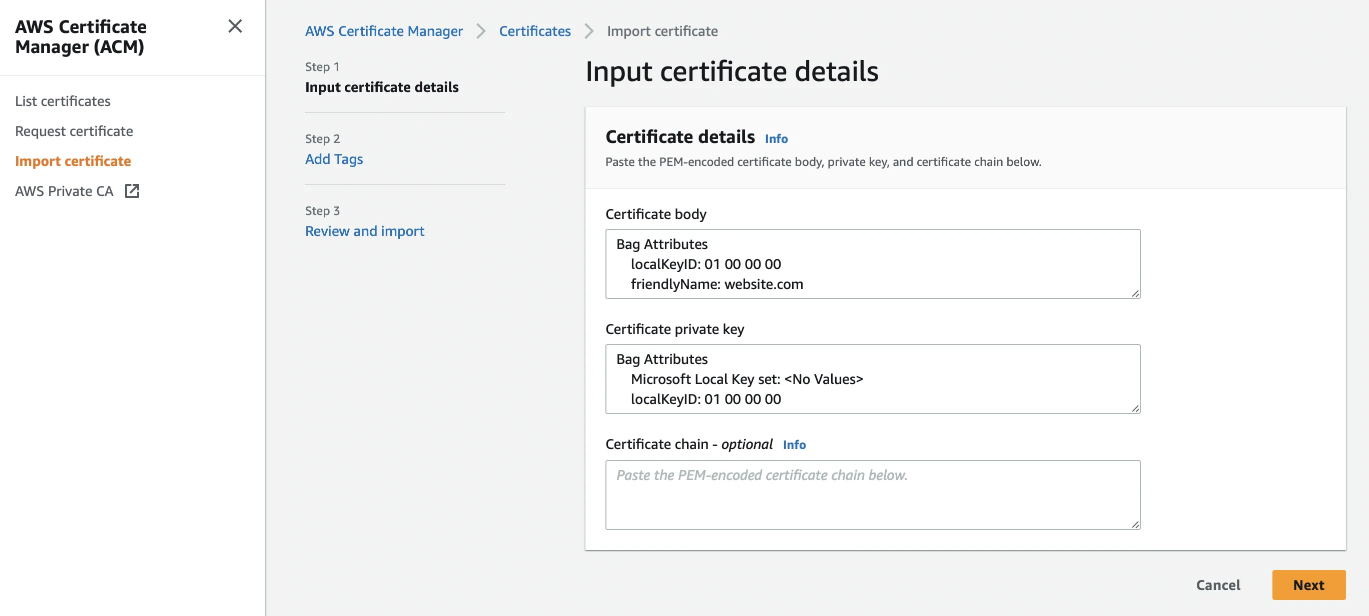 Import SSL Certificate in AWS Certificate Manager
