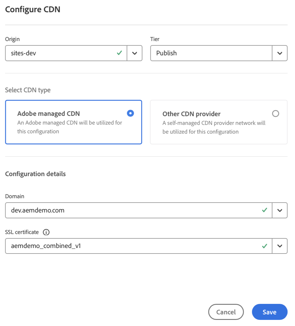 CDN Configuration for Adobe Managed Certificate