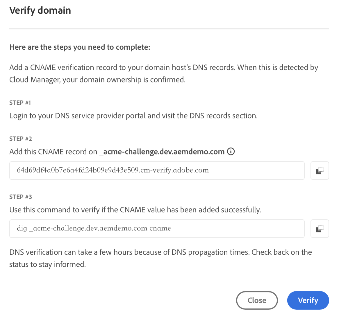 Domain Name Verification for Adobe Managed Certificate