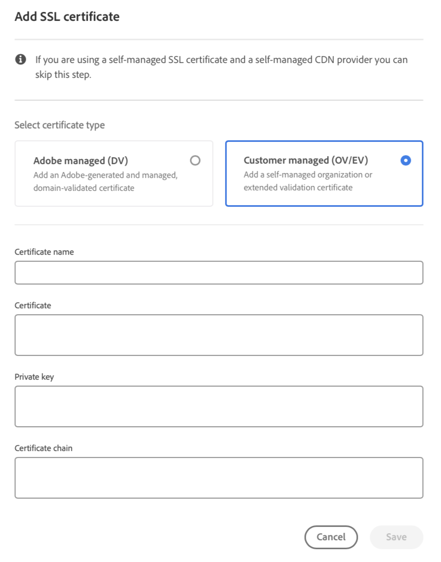 SSL Certificate for Customer Managed Certificate