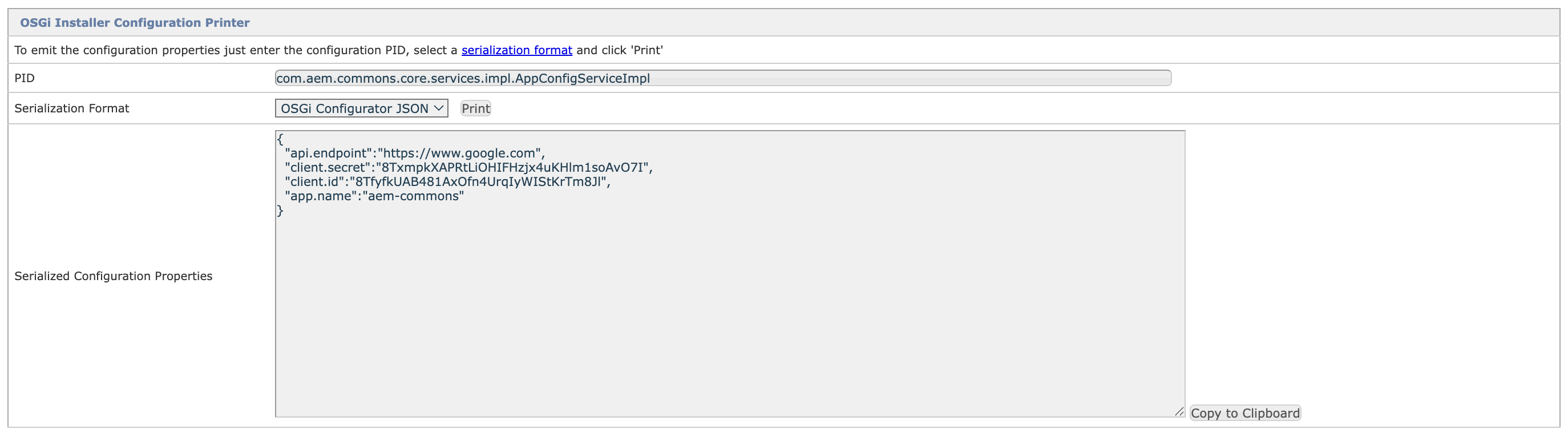 OSGi Installer Configuration Printer